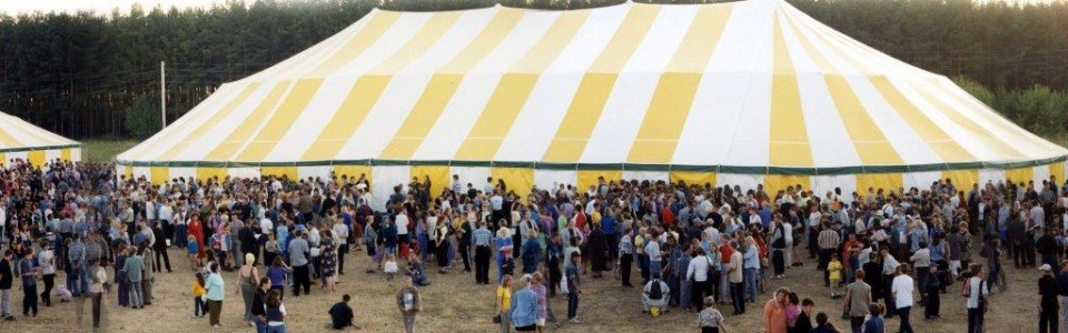 People gathering outside tents in Izhevsk, Russia